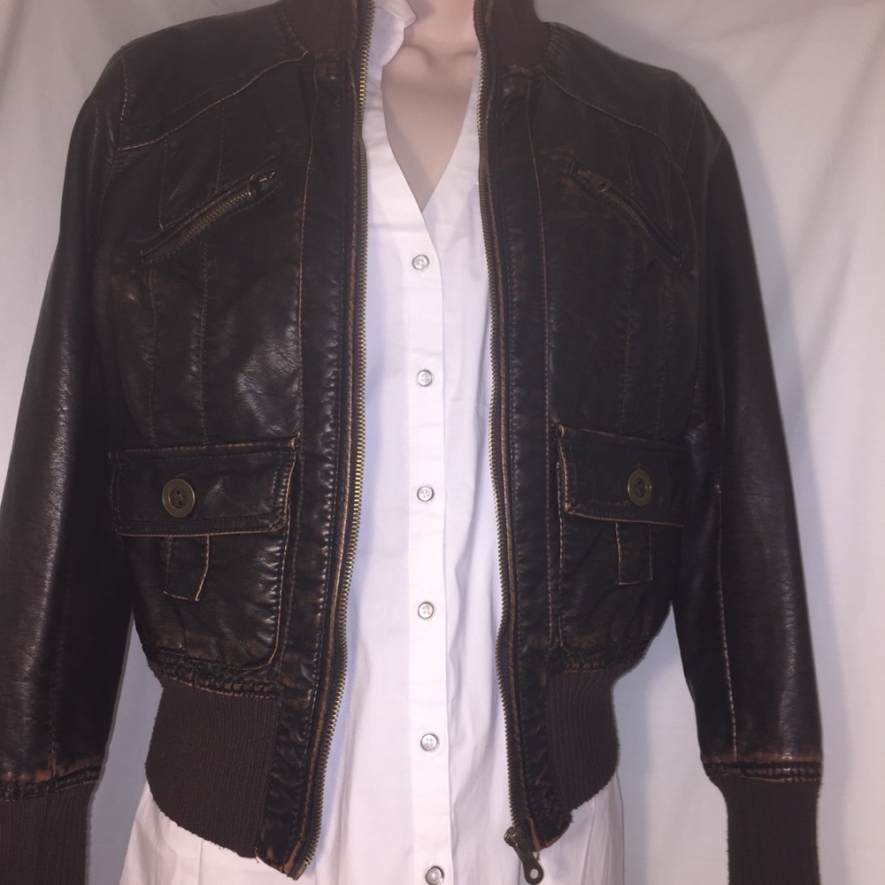 Girls Dark Brown Leather Bomber Jacket Size S/P